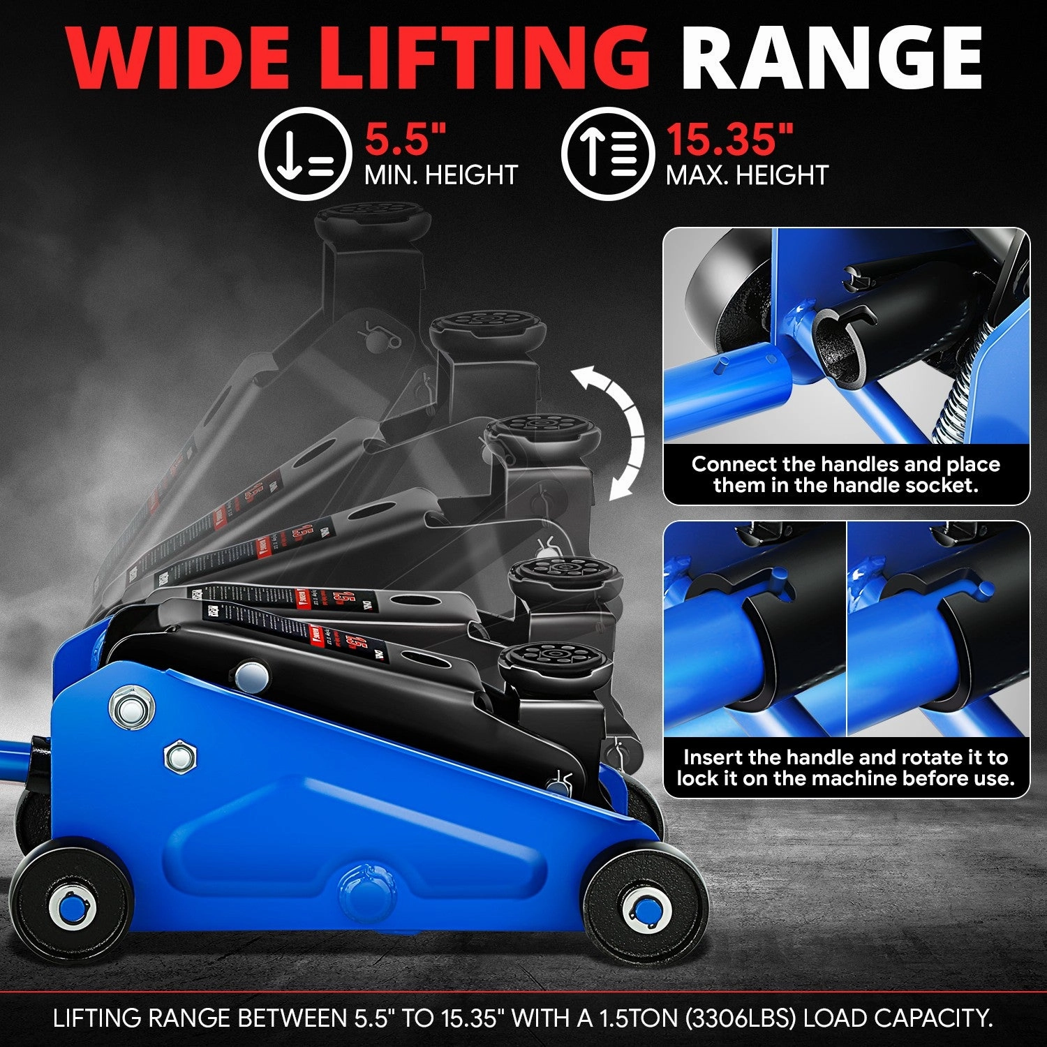 1.5 Ton Floor Jack [ A Variety of color options] <br> Lifting Range: 5.5 to 15.35 in.