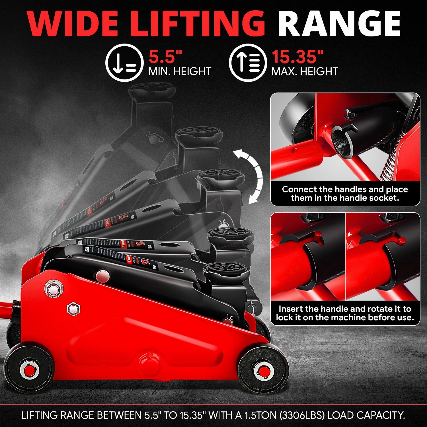 1.5 Ton Floor Jack [ A Variety of color options] <br> Lifting Range: 5.5 to 15.35 in.