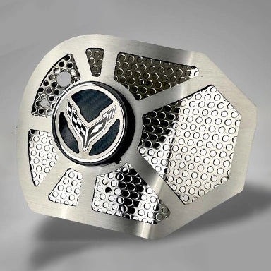 2020-2024 C8 Corvette Coupe - Carbon Fiber w/C8 Emblem Shock Tower Cover Inserts - Perforated Stainless Steel