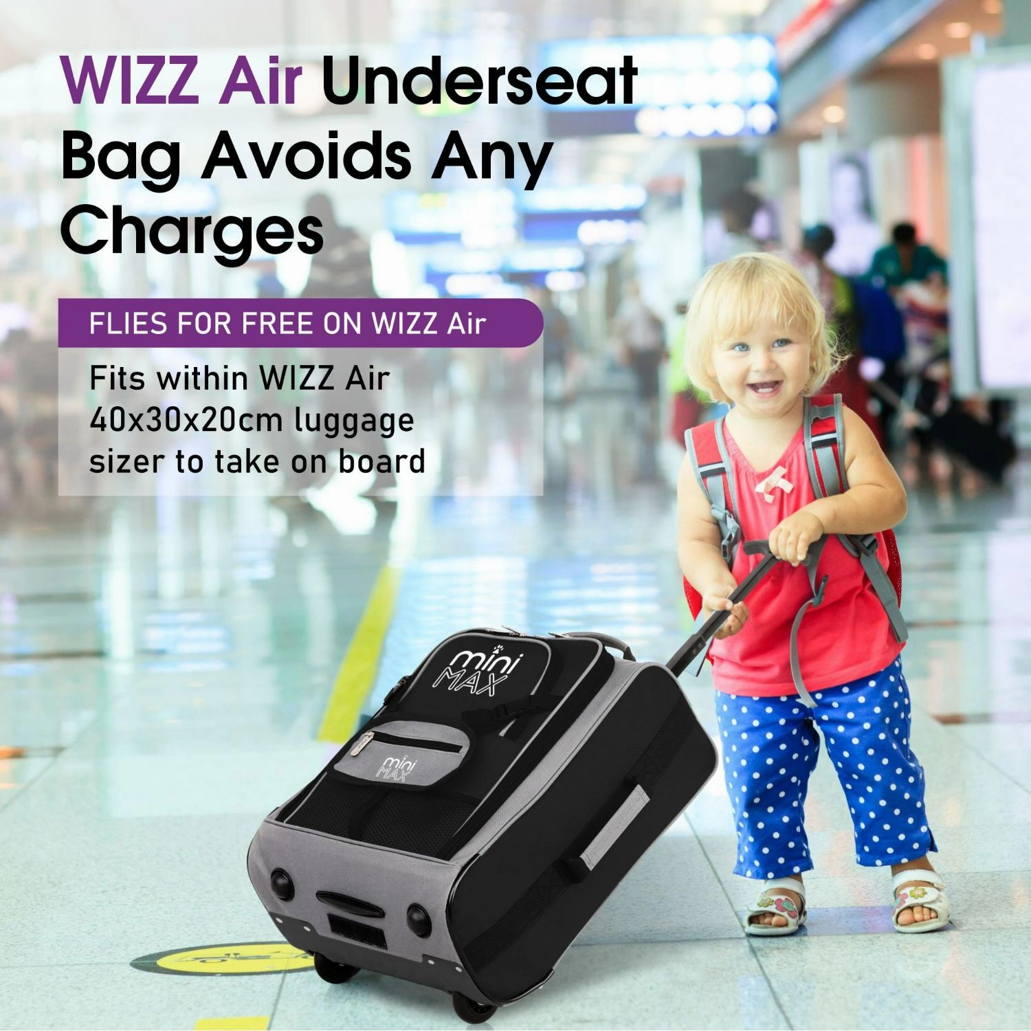 Aerolite MiniMAX Wizz Air 40x30x20 Maximum Size Cabin Hand Luggage Under Seat Trolley Backpack Carry On Cabin Hand Luggage Bag 2 Wheel (Black)