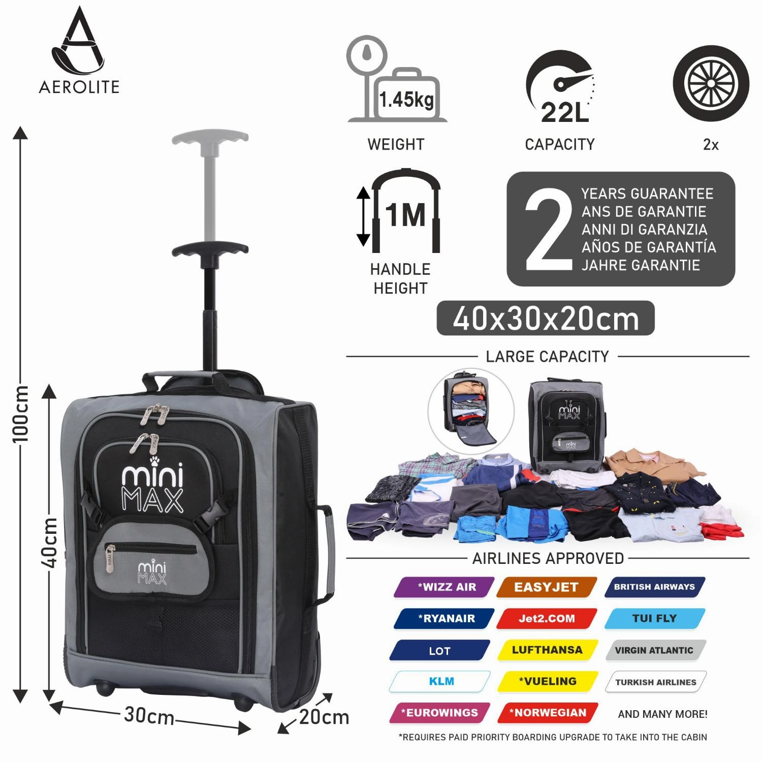 Aerolite MiniMAX Wizz Air 40x30x20 Maximum Size Cabin Hand Luggage Under Seat Trolley Backpack Carry On Cabin Hand Luggage Bag 2 Wheel (Black)