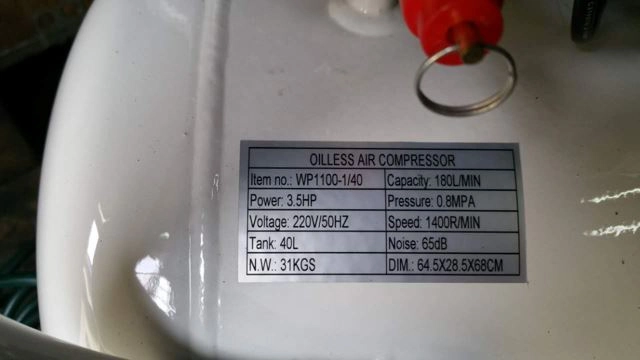 Aiko 3.5hp , 40L Oil Free & Silent Gold Air Compressor | Model : WP1100-1/40
