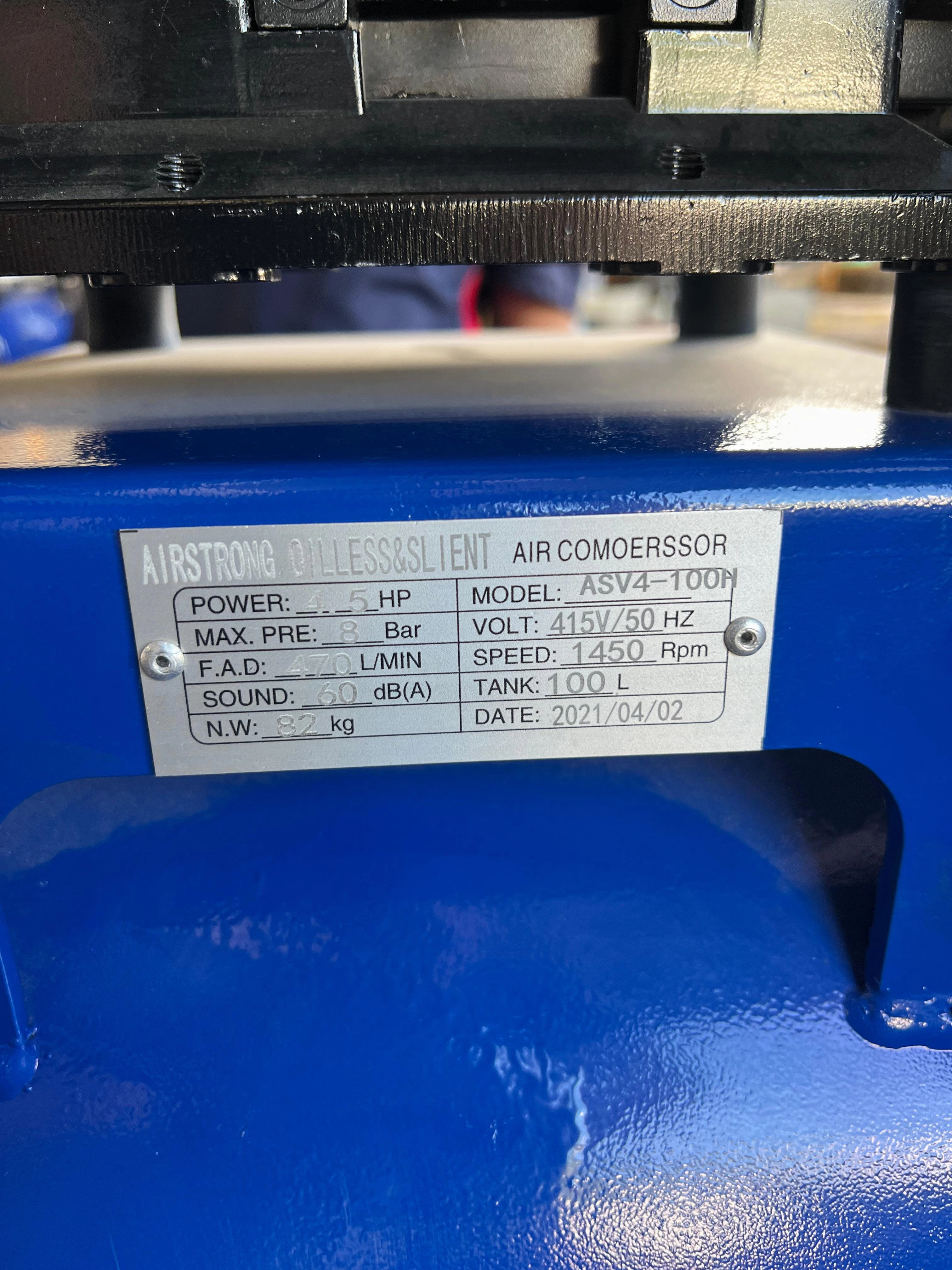 Airstrong 4.5HP 100L 3 Phase Oil Free &amp; Low Silent Compressor | Model: ASV4-100H