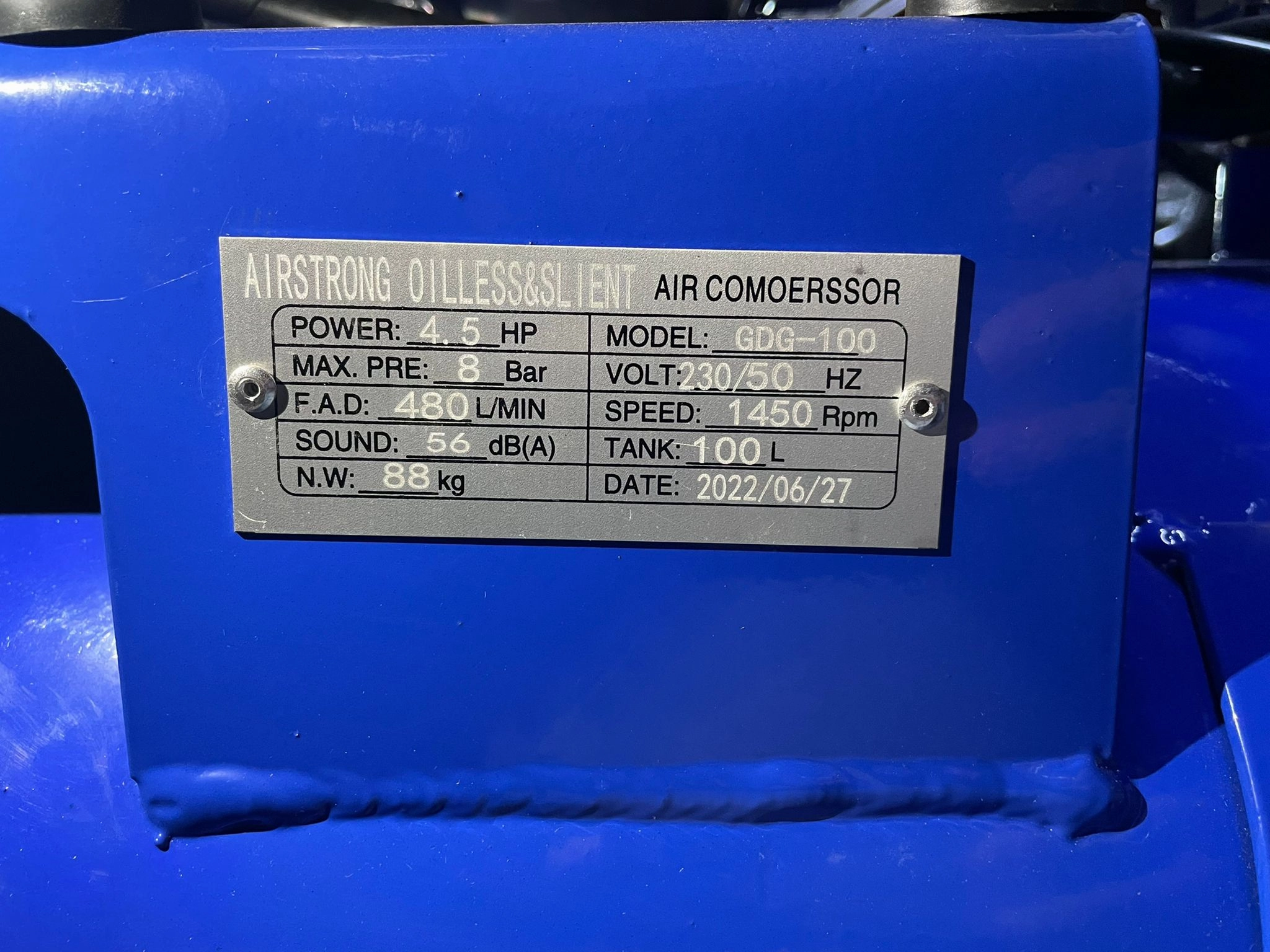 Airstrong 4.5Hp 100l Oil Free & Silent Air Compressor | Model : GDG100-ASME