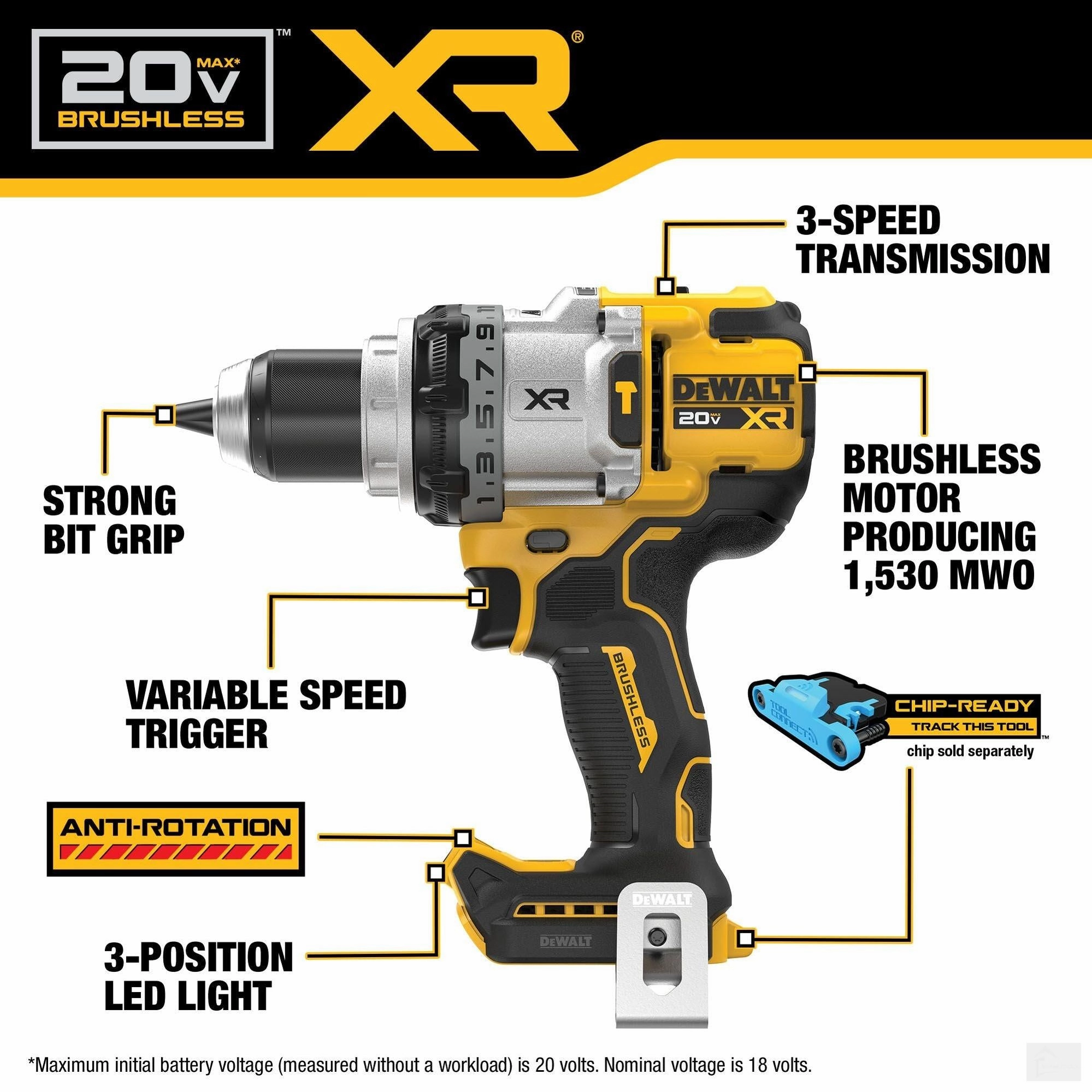 Dewalt 20V MAX* XR® Brushless Cordless 1/2 in. 3-Speed Hammer Drill (Tool Only) [DCD1007B]