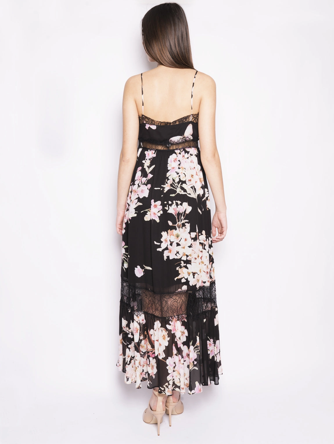 Long dress in Georgette Black / Pink