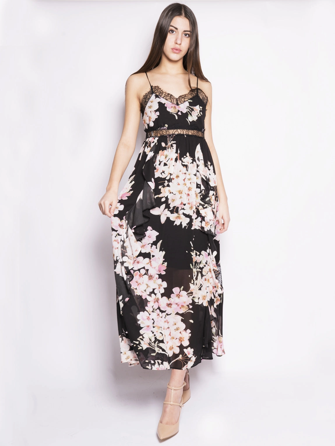 Long dress in Georgette Black / Pink