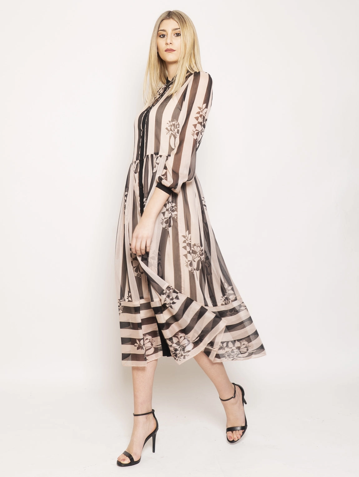 Long Dress with Stripes and Multicolor Flowers