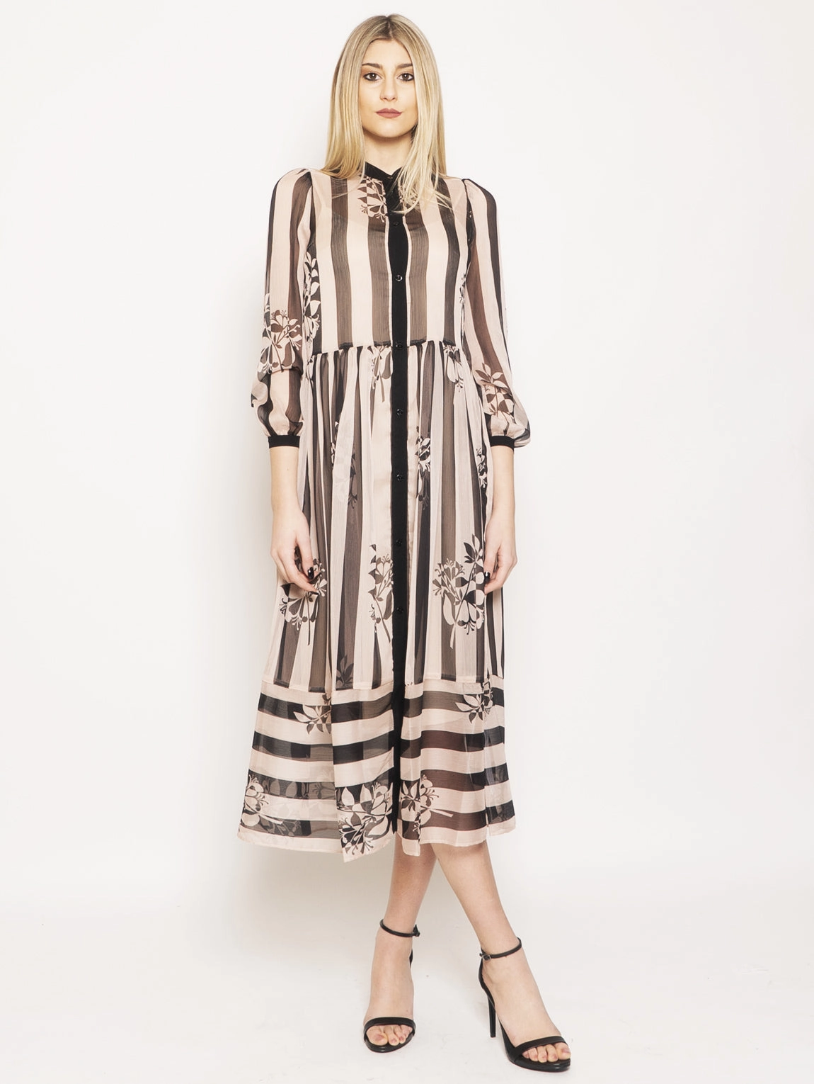 Long Dress with Stripes and Multicolor Flowers