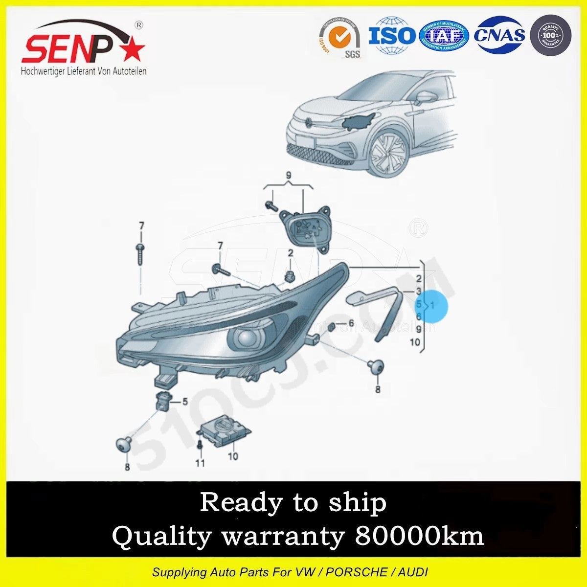 Senp Body Spare Parts LED Headlight for VW Electric Car Auto Parts: ID.4/ID4.X/ID.6/ID6.X