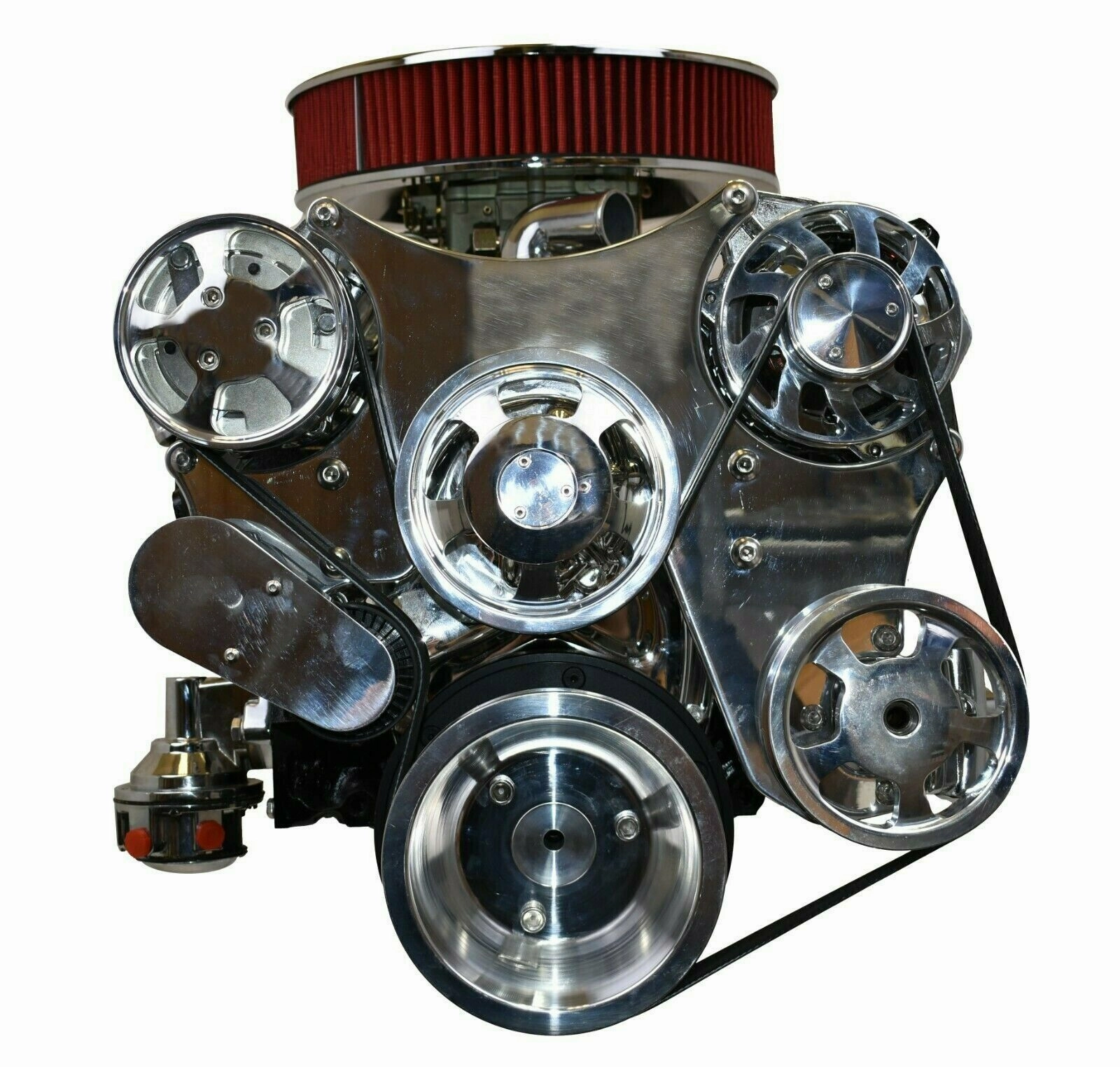 Small Block Chevy 262 265 267 302 327 400 Serpentine Front Drive System with Bracket & Pulley, Mechanical Water Pump,160-AMP GM CS130 Alternator SD7 A-C Compressor Power Steering Pump CHROME