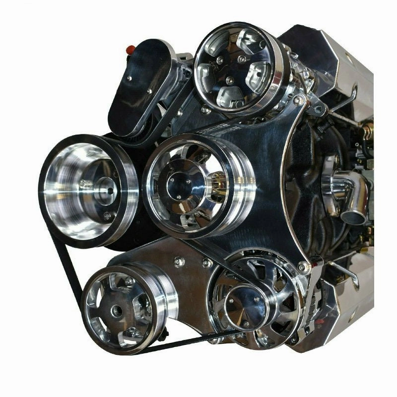 Small Block Chevy 262 265 267 302 327 400 Serpentine Front Drive System with Bracket & Pulley, Mechanical Water Pump,160-AMP GM CS130 Alternator SD7 A-C Compressor Power Steering Pump CHROME