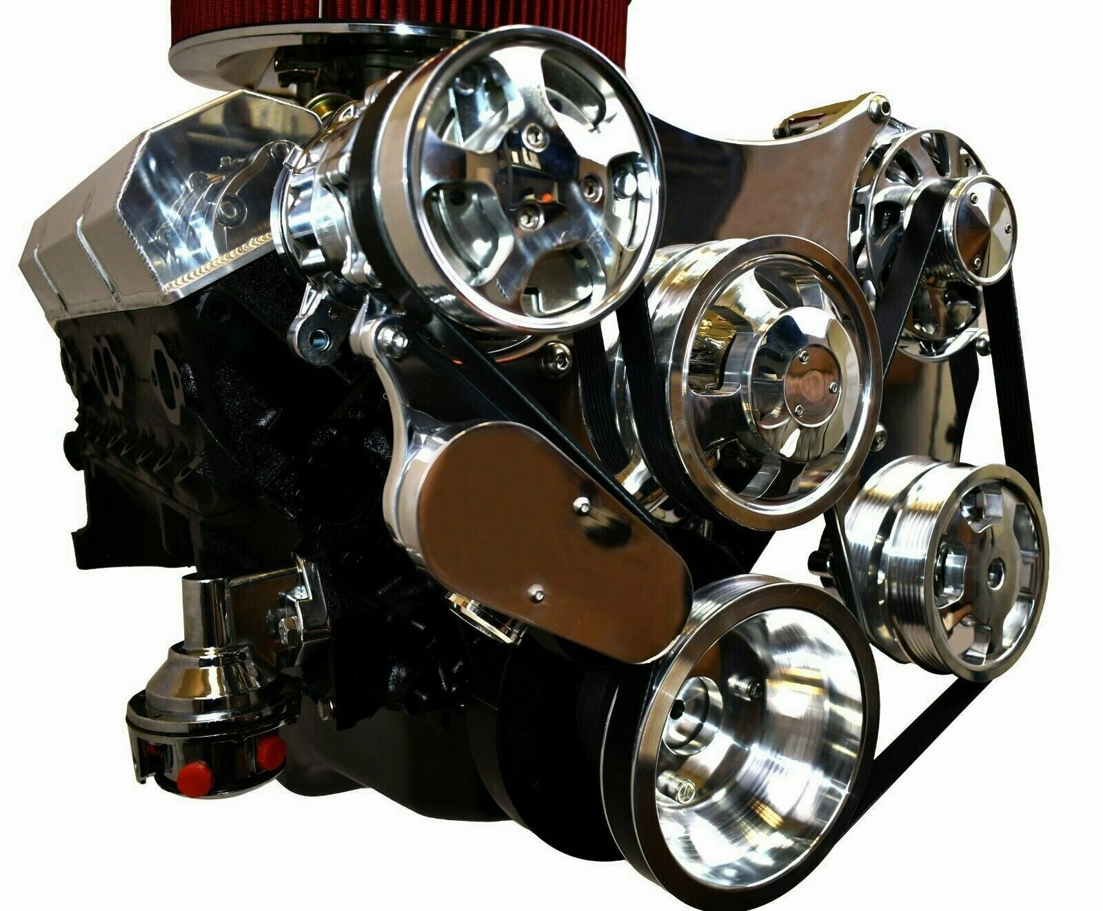 Small Block Chevy 262 265 267 302 327 400 Serpentine Front Drive System with Bracket & Pulley, Mechanical Water Pump,160-AMP GM CS130 Alternator SD7 A-C Compressor Power Steering Pump CHROME