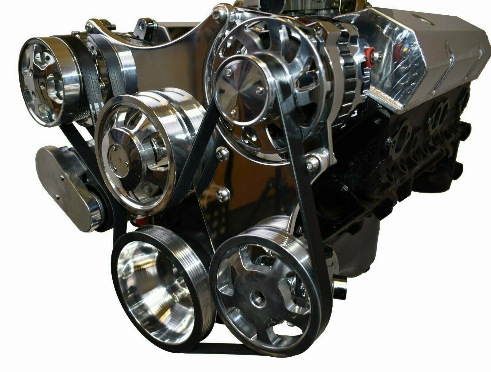 Small Block Chevy 262 265 267 302 327 400 Serpentine Front Drive System with Bracket & Pulley, Mechanical Water Pump,160-AMP GM CS130 Alternator SD7 A-C Compressor Power Steering Pump CHROME