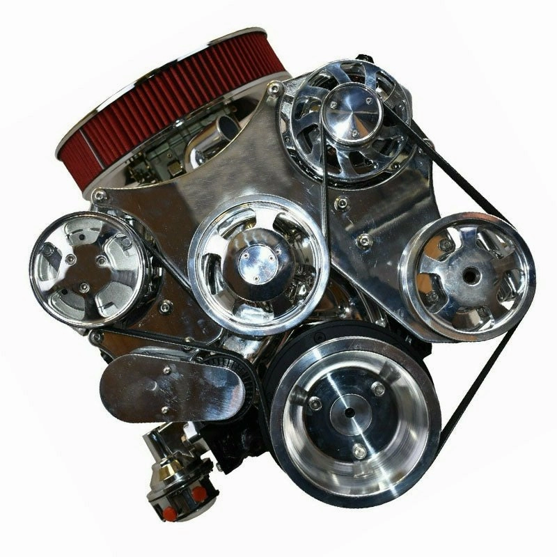 Small Block Chevy 262 265 267 302 327 400 Serpentine Front Drive System with Bracket & Pulley, Mechanical Water Pump,160-AMP GM CS130 Alternator SD7 A-C Compressor Power Steering Pump CHROME