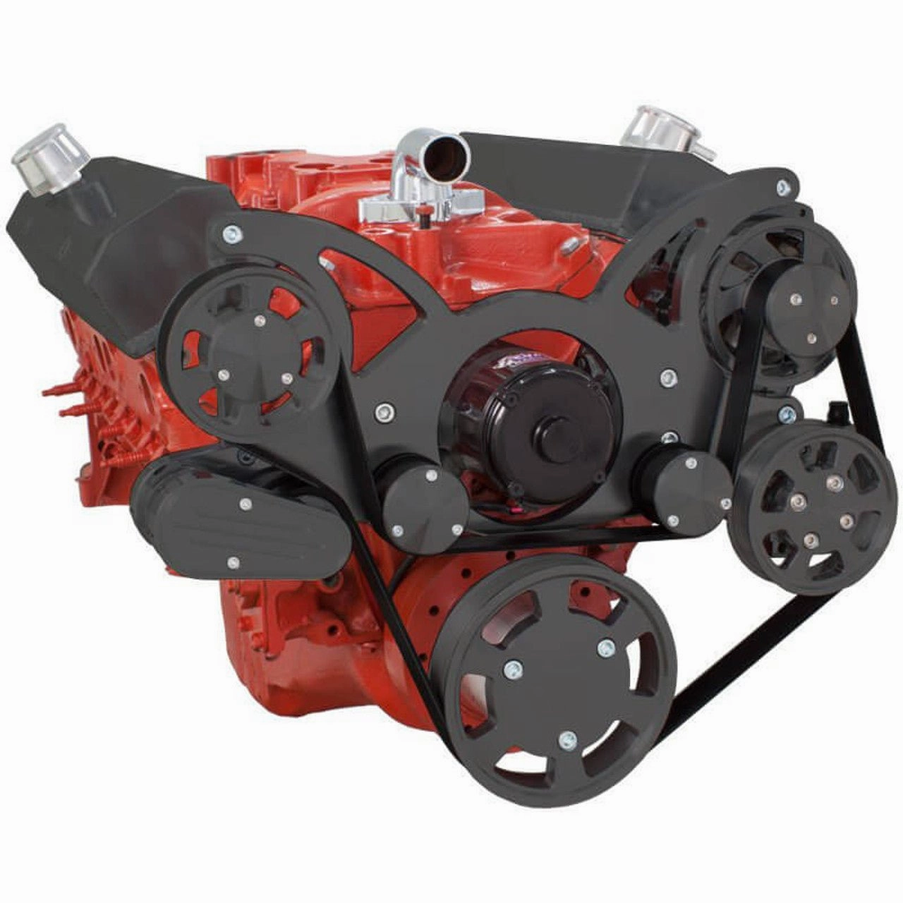 Small Block Chevy SBC Serpentine Complete Kit - with EWP-Electric Water Pump - with Alternator, Power Steering, Electric Water Pump and AC Compressor (Black)