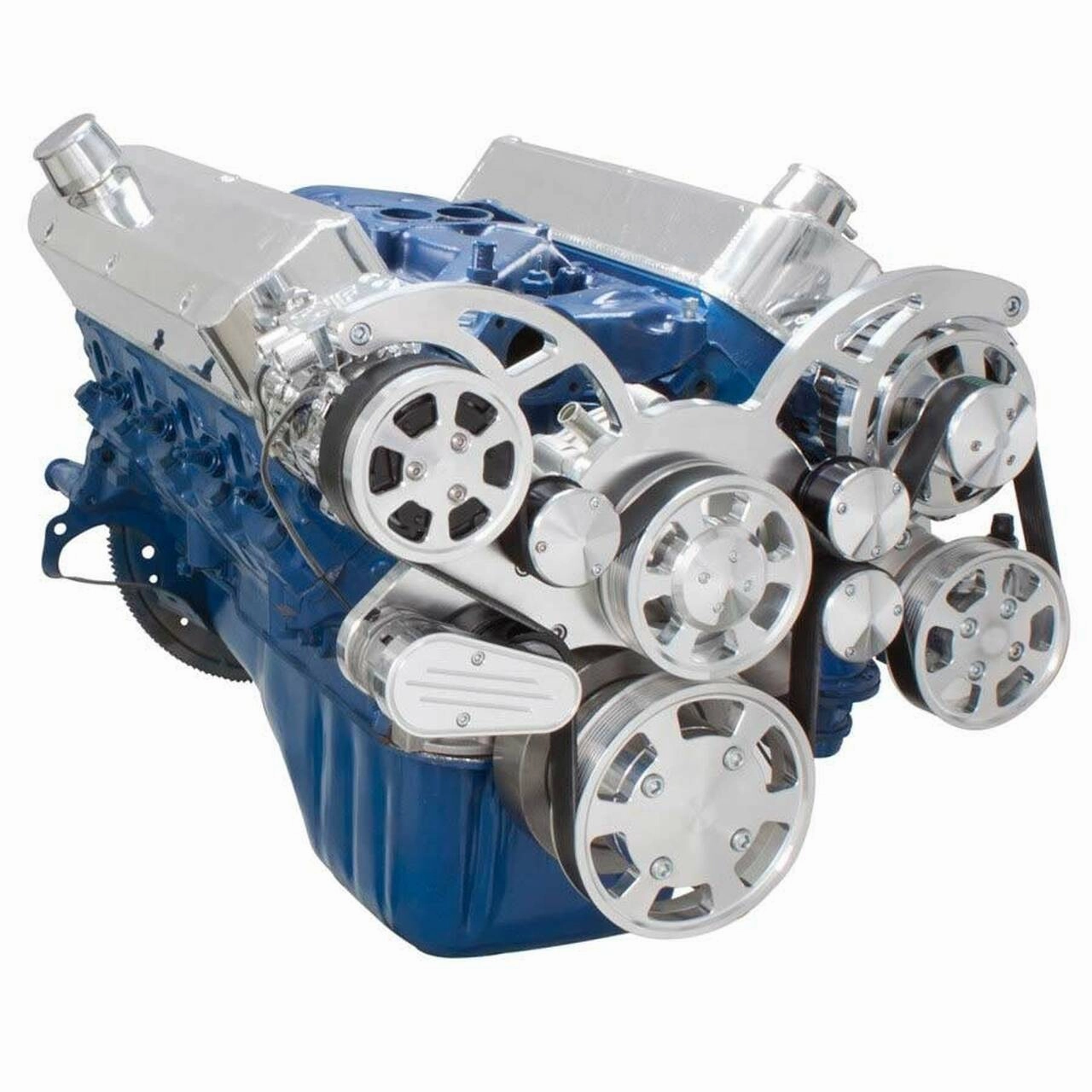 Small Block Ford SBF Serpentine Kit - with Alternator, Power Steering pump, Water Pump and AC Compressor (Polished)