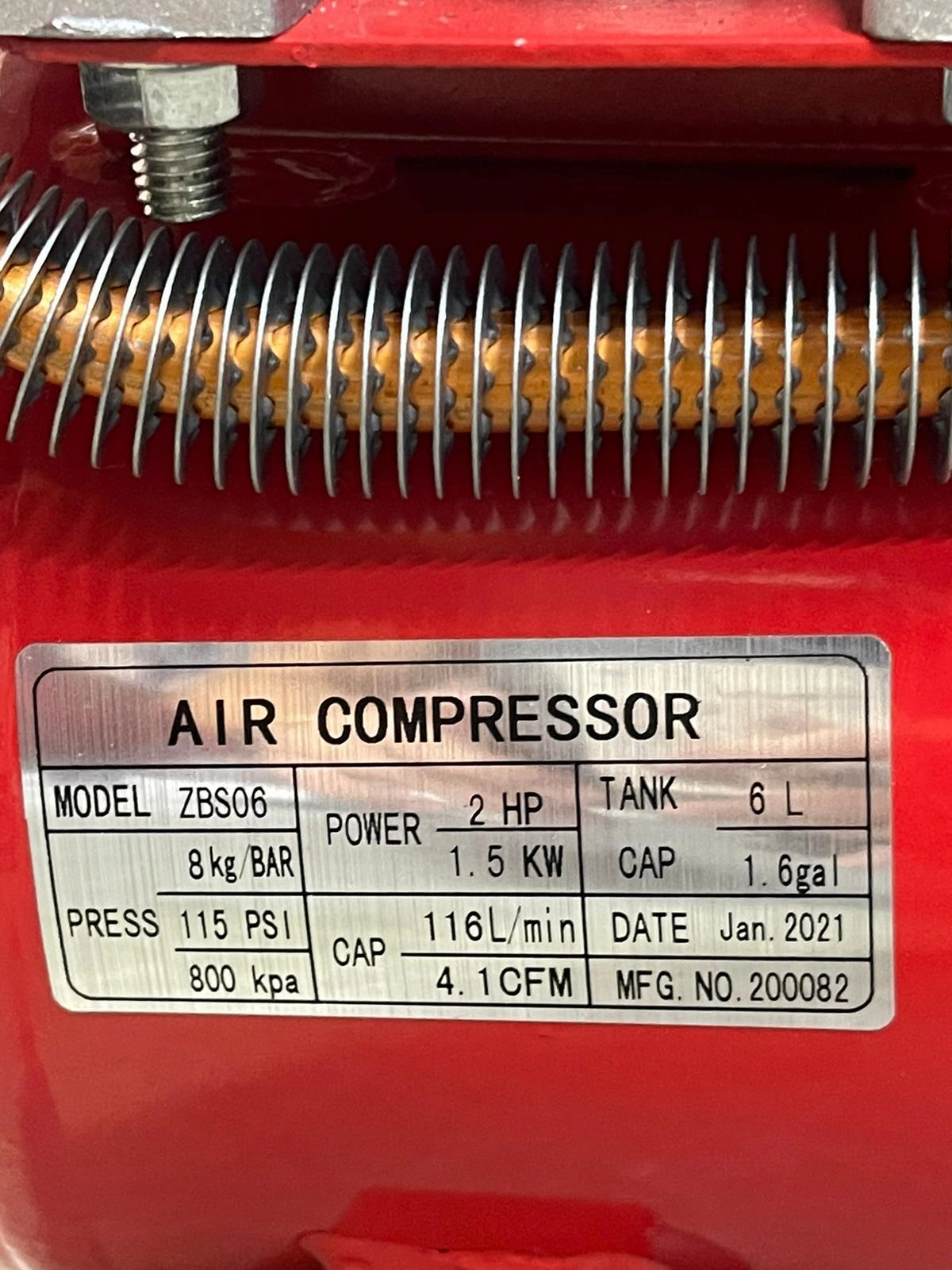 Tiger 2Hp 6L 220V Direct Air Compressor (FOR EXPORT ONLY) | Model : ZBS06