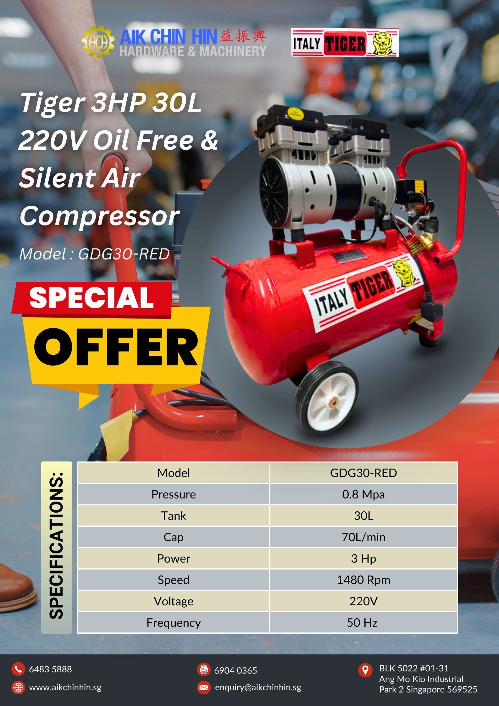 Tiger 3HP 30L 220V Oil Free & Silent Air Compressor (FOR EXPORT ONLY) | Model : GDG30-RED