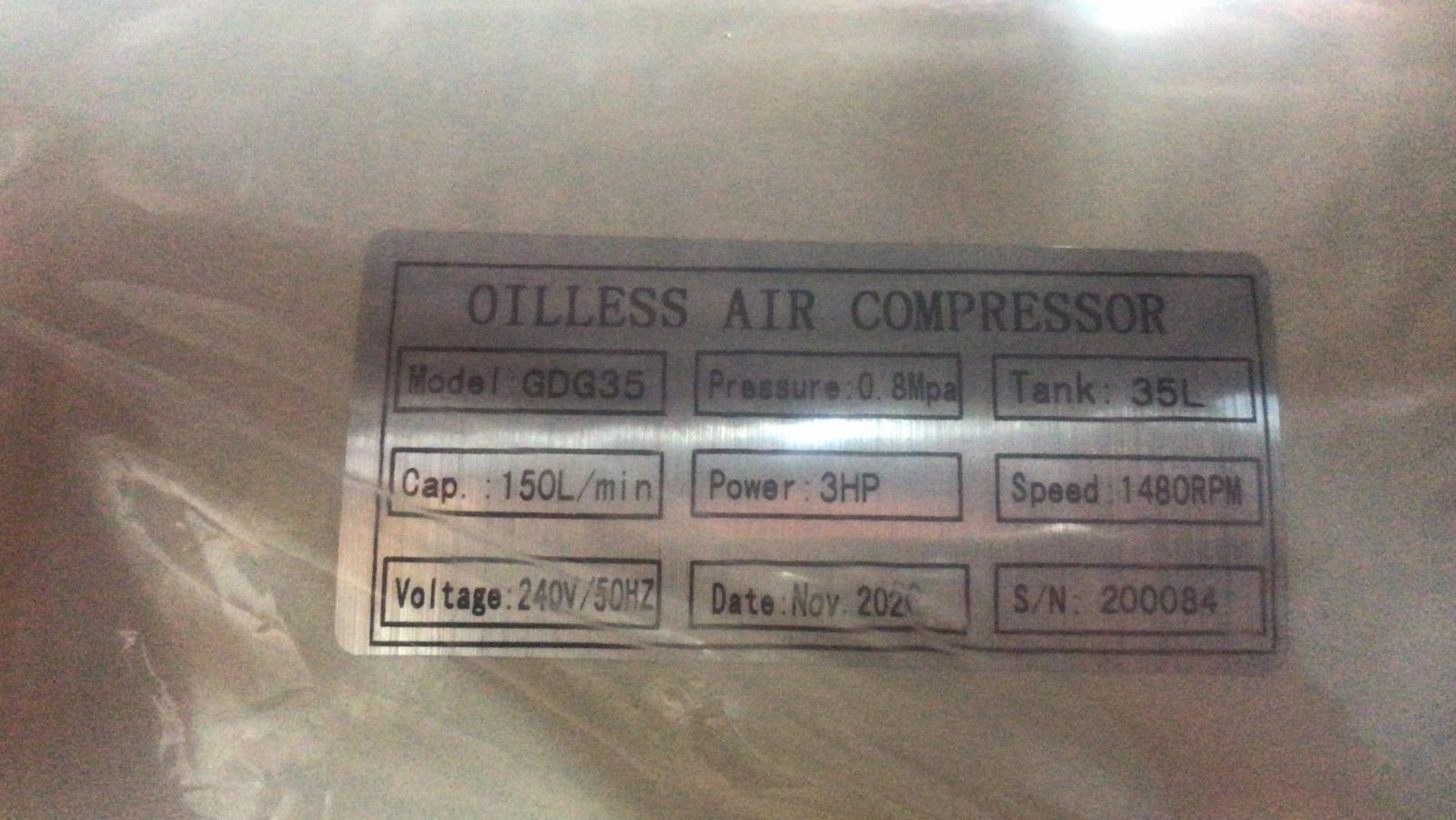 Tiger 3Hp 35L 240V #Gdg35(Wh) Oil Free & Silent Air Compressor (FOR EXPORT ONLY) | Model : GDG35-WHITE