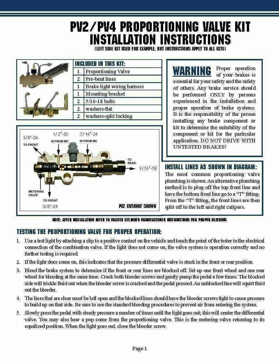Universal Master Cylinder 1-1-8" Bore, Disc Disc Proportioning Valve Kit