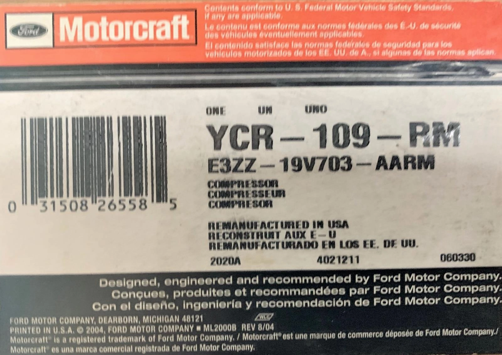 YCR-109-RM Motorcraft AC Compressor for 1983-1986 For Mustang LTD Crown Vic